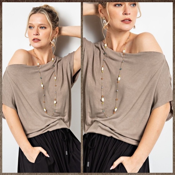 EASEL Ruched Sides Slouchy Short Dolman Sleeves Slinky Boat Neck Top Scooped Hem - Picture 9 of 13